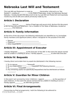 Printable  Last Will and Testament Form for Nebraska