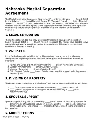 Printable  Marital Separation Agreement Form for Nebraska