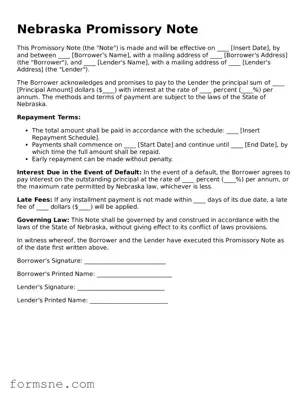 Printable  Promissory Note Form for Nebraska